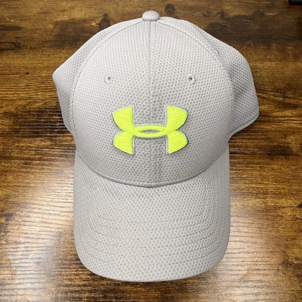 Under Armour Blitzing Gray Neon Stretch Fit Hat Cap UA Classic Golf L/XL